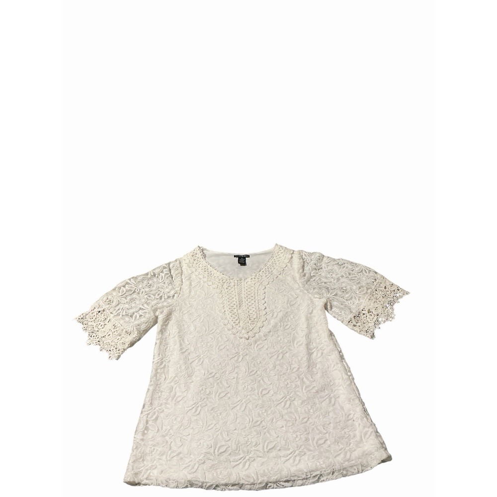 Lauren Michelle Ivory Lace Tunic Top M Crochet Bell Sleeves Boho Romantic Blouse